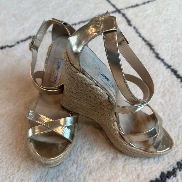 Jimmy Choo Gold Leather Espadrille Wedge Sandal - Size 41 - Picture 1 of 11